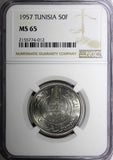 Tunisia Muhammad VIII 1957 50 Francs Paris NGC MS65 GEM BU TONING KM# 275 (12)