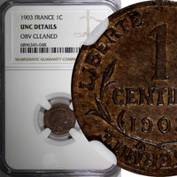 FRANCE Bronze 1903 1 Centime NGC UNC DETAILS KM# 840 (048)