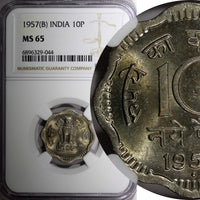 India-Republic 1957 (B)  10 Naye Paise NGC MS65 ONE GRADED HIGHEST KM# 24.1 (4)