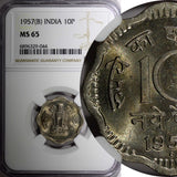 India-Republic 1957 (B)  10 Naye Paise NGC MS65 ONE GRADED HIGHEST KM# 24.1 (4)