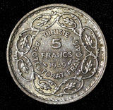 Tunisia Silver 1358 (1939) 5 Francs Paris Mint 1 YEAR TYPE ch.XF KM# 264 (442)