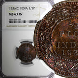 India-British George V Bronze 1936 (C) 1/4 Pice NGC MS63 BN RAINBOW KM#510 (23)