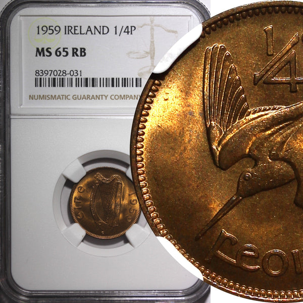 IRELAND Republic Bronze 1959 Farthing Mint-192,000 NGC MS65 RB RED! KM# 9 (031)