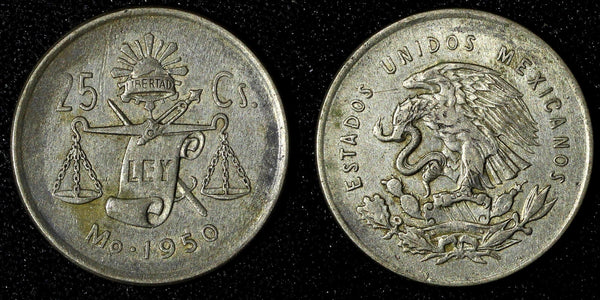Mexico ESTADOS UNIDOS MEXICANOS Silver 1950 25 Centavos Scale XF KM# 443 (825)