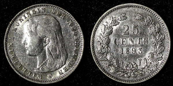 Netherlands Wilhelmina Silver 1893 25 Cents ch.VF SCARCE KM# 115 (28 347)