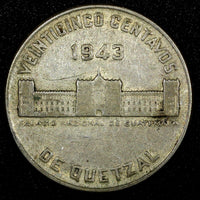 GUATEMALA Silver 1943 25 Centavos Mintage-900,000 Philadelphia Mint KM# 253 (57)