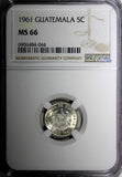 GUATEMALA Silver 1961 5 Centavos NGC MS66 GEM BU Nice Toned KM# 260 (044)