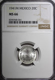 MEXICO Silver 1941 M 20 Centavos Radiant Liberty cap NGC MS66 GEM BU KM# 438 (1)