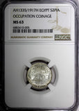 Egypt Occupation Coinage Silver AH1335/1917 H 2 Piastres NGC MS63 KM# 317.2 (05)