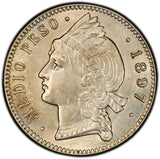 DOMINICAN REPUBLIC Silver 1897 A  1/2 Peso PCGS MS62 Light Toned RARE KM# 15 (5)
