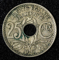 FRANCE Copper-Nickel 1917 25 Centimes No Dash Toned KM# 867a (28 112)