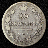 Russia Aleksandr I Silver 1825 SPB NG 20 Kopecks RARE C# 128;Bit-214(R1);Pet-10R