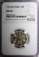 India-Republic 1957 (B)  10 Naye Paise NGC MS65 ONE GRADED HIGHEST KM# 24.1 (4)