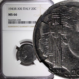 Italy Vittorio Emanuele III 1943 20 Centesimi WWII Issue NGC MS66 KM# 75b (30)