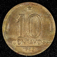 BRAZIL Copper-Nickel 1942 10 Centavos WWII Issue XF KM# 555 (24 803)