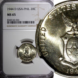 Philippines Silver 1944 D 20 Centavos NGC MS65 Nice GEM BU  KM#182 (026)