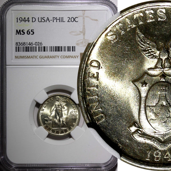 Philippines Silver 1944 D 20 Centavos NGC MS65 Nice GEM BU  KM#182 (026)