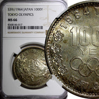 JAPAN Silver S39 1964 1000 Yen Olympics, Tokyo NGC MS66 Rainbow Toned Y# 80 (17)