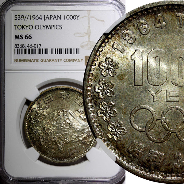JAPAN Silver S39 1964 1000 Yen Olympics, Tokyo NGC MS66 Rainbow Toned Y# 80 (17)