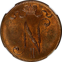 FINLAND Nicolas II (1895-1917) GRAND DUCHY 1917 5 Pennia NGC MS63 RB KM# 15 (30)