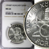 HUNGARY Silver 1994 200 Forint D. Ferenc 1803-1876 NGC MS64 KM# 707 (22)