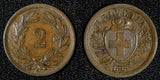 Switzerland Bronze 1866 B 2 Rappen Bern Mint  KM# 4.1 (28 548)