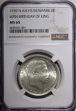 Denmark Christian X Silver 1930 N; AH/HS 2 Kroner NGC MS65 GEM BU  KM# 829 (1)