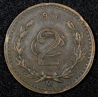 MEXICO ESTADOS UNIDOS MEXICANOS Bronze 1906 2 Centavos XF Toned KM# 419 (27 170)