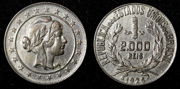 BRAZIL Silver 1926 2000 Reis  Rio de Janeiro Mint  KM# 526  (27 506)