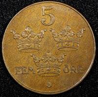 SWEDEN Gustaf V Bronze 1935 5 Öre  aUNC KM# 777.2 (24 097)