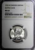 Sweden Gustaf V Silver 1924 W 1 Krona Dotted Date NGC MS62 KM# 786.1 (007)