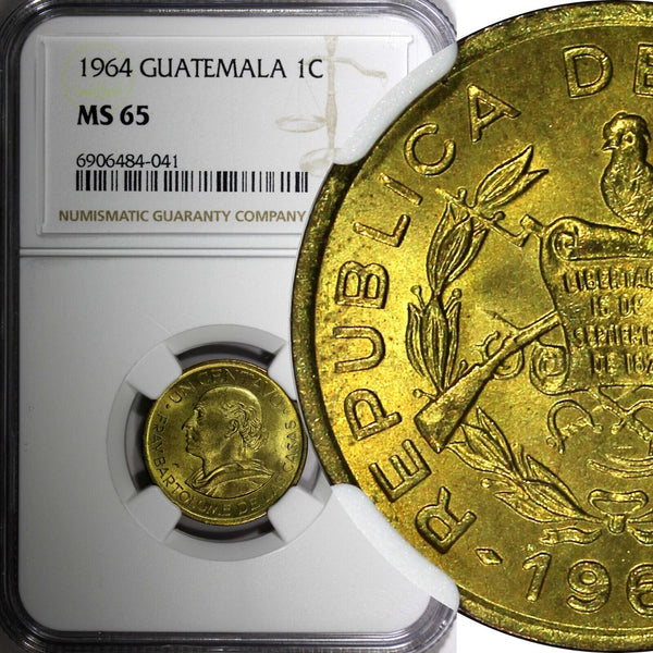 GUATEMALA Brass 1964 1 Centavo Last Year Type NGC MS65 KM# 260 (041)