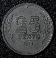 Netherlands Wilhelmina I Zinc 1941 25 Cents WWII Issue BETTER DATE KM# 172 (958)