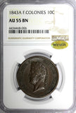 French Colonies Louis Philippe I Bronze 1843 A 10 Centimes NGC AU55 BN KM# 13(6)