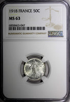 FRANCE Silver 1918 50 Centimes NGC MS63 KM# 854 (047)