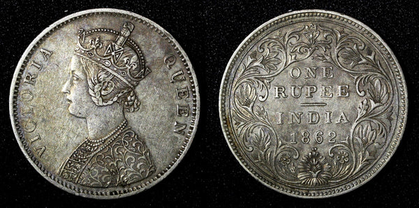 India-British Victoria Silver 1862 Rupee XF Condition .Toned   KM# 473 (27 556)