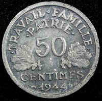 France Aluminum 1944 B 50 Centimes WWII Issue Beaumont Mint KM# 914.2 (24 973)