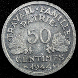 France Aluminum 1944 B 50 Centimes WWII Issue Beaumont Mint KM# 914.2 (24 973)