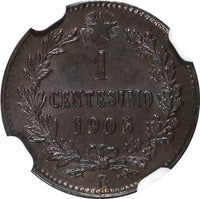 Italy Vittorio Emanuele III Bronze 1905 R 1 Centesimo NGC MS62 BN  KM# 35 (044)