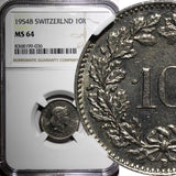Switzerland Copper-Nickel 1954 B 10 Rappen NGC MS64 BETTER DATE KM# 27 (036)