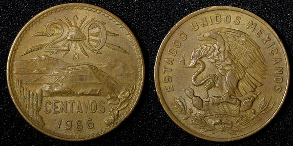 MEXICO  Bronze 1966 Mo 20 Centavos Nice Coin  KM# 440 (27 534)