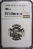 Switzerland 1944 B 20 Rappen NGC MS64  KM# 29a (014)