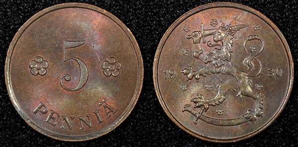 FINLAND Copper 1930 5 Penniä BETTER DATE UNC Toned KM# 22 (24 008)