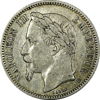 FRANCE Napoleon III Silver 1866 BB 1 Franc Strasbourg Mint KM# 806.2 (24 889)