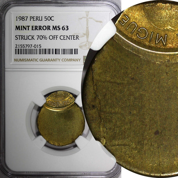 PERU Brass 1987 50 Centimos NGC MINT ERROR MS63 70% OFF CENTER SCARCE KM# 295(5)