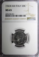 Italy Vittorio Emanuele III 1943 20 Centesimi WWII Issue NGC MS65  KM# 75b (1)