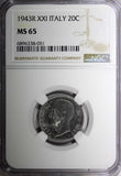 Italy Vittorio Emanuele III 1943 20 Centesimi WWII Issue NGC MS65  KM# 75b (1)