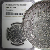 TUNISIA  Silver AH1358 1939  20 Francs 35mm NGC UNC DETAILS KM# 266 (31)