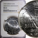 Norway Olav V Silver 1970 25 Kroner NGC MS64 Anniversary of Liberation KM#414(2)