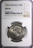 MONACO Copper-Nickel Rainier III 1950 100 Francs Paris Mint NGC MS65 KM# 133 (0)